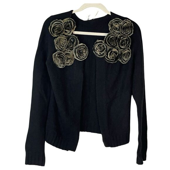 Gaby & Eden Women’s Small Black Open Cardigan Sweater Fur Rose Trim - Picture 3 of 9